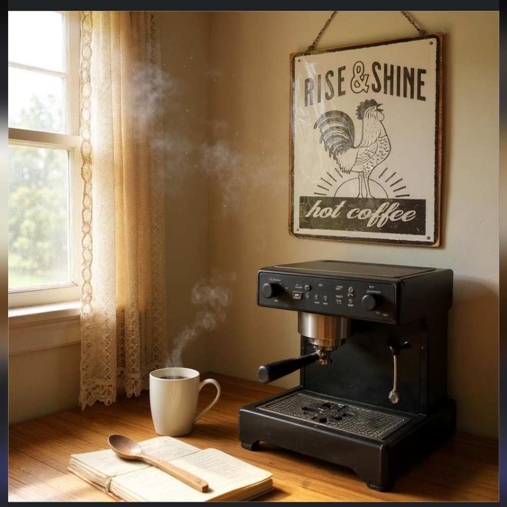 Rise & Shine Hot Coffee Black & White Metal Sign